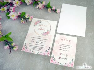 Zaproszenie ślubne dwuczęściowe z różowymi kwiatami i złotą obręczą ZAP-151-2