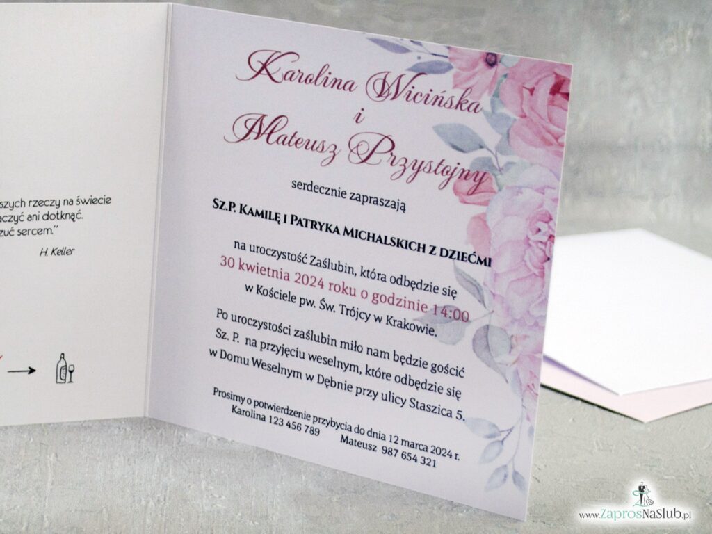 Zaproszenie na ślub z różowymi kwiatami i delikatnym tłem ZAP-151