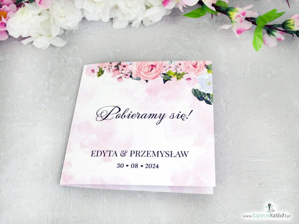 Zaproszenie na ślub z różowymi kwiatami i tłem ZAP-41-12-2