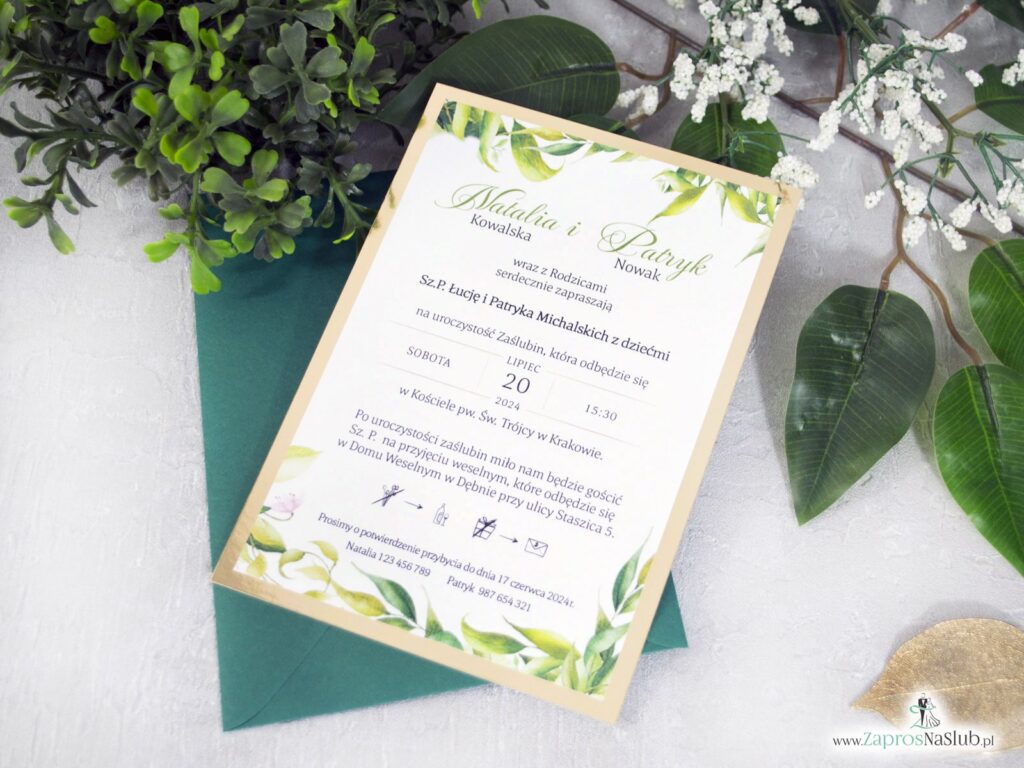 Zaproszenie na ślub zielone listki i złoto lustrzane ZAP-123-2