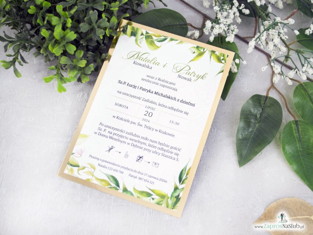 Zaproszenie na ślub zielone listki i złoto z efektem lustra ZAP-123-2