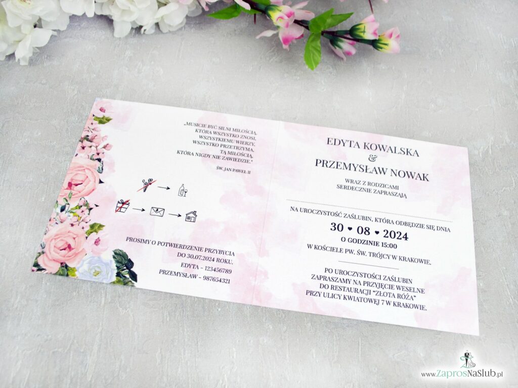 Zaproszenie ślubne z różowo białymi kwiatami ZAP-41-12-2