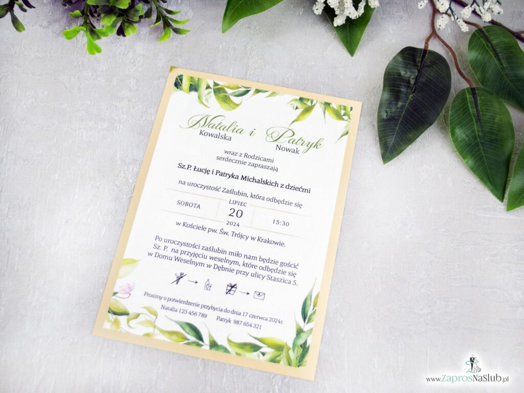 Zaproszenie ślubne z zielonymi liśćmi na złotym papierze ZAP-123-2