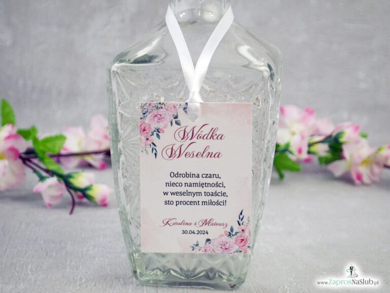 Zawieszka na alkohol z różowymi kwiatami i białą wstążką ZAW-151
