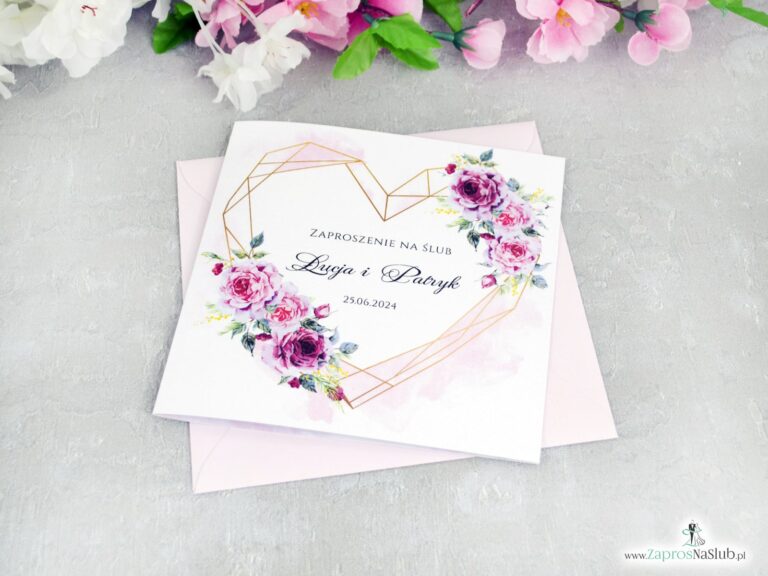 Zaproszenia na ślub złote geometryczne serce i różowe kwiaty ZAP-41-30
