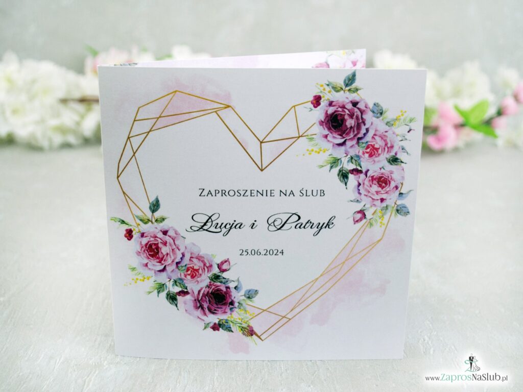 Zaproszenie na ślub geometryczne złote serce i różowe kwiaty ZAP-41-30