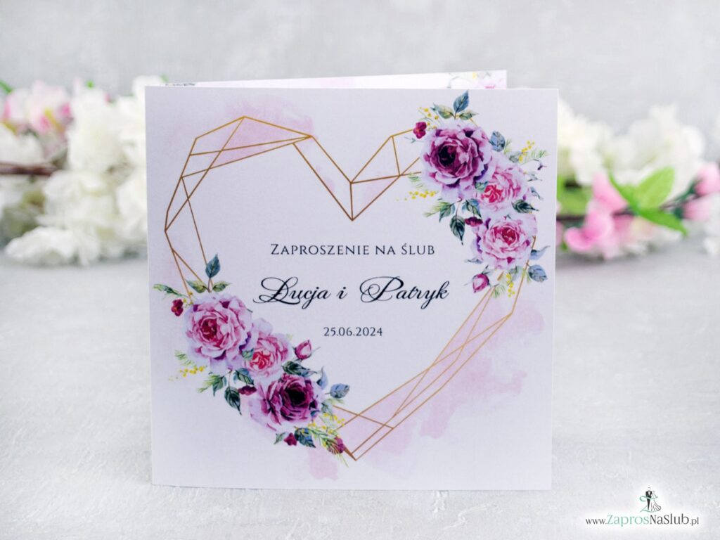 Zaproszenie na ślub z różowymi kwiatami i złotym sercem ZAP-41-30