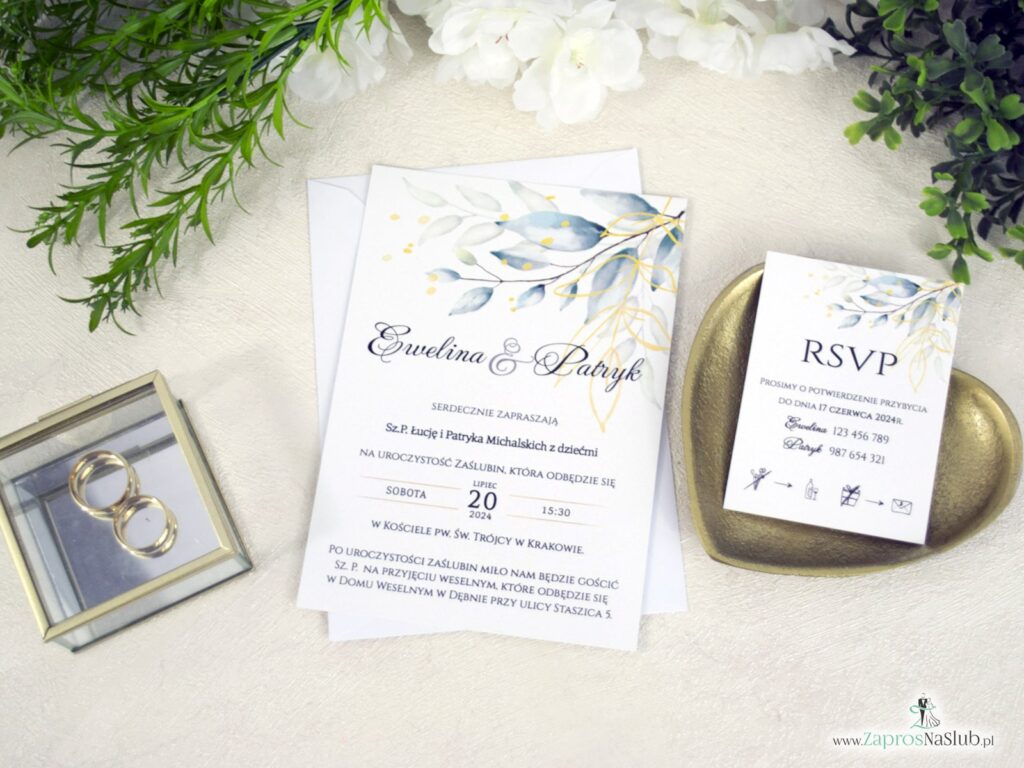 Zaproszenie ślubne z listkami i konturami dwuelementowe RSVP ZAP-155