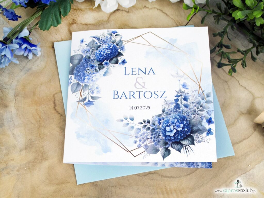 Zaproszenie ślubne z niebieskimi kwiatami hortensji i złotymi liniami ZAP-41-75