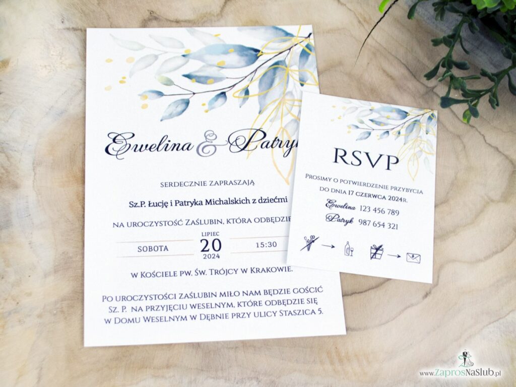 Zaproszenie ślubne z listkami i konturami dwuelementowe RSVP ZAP-155