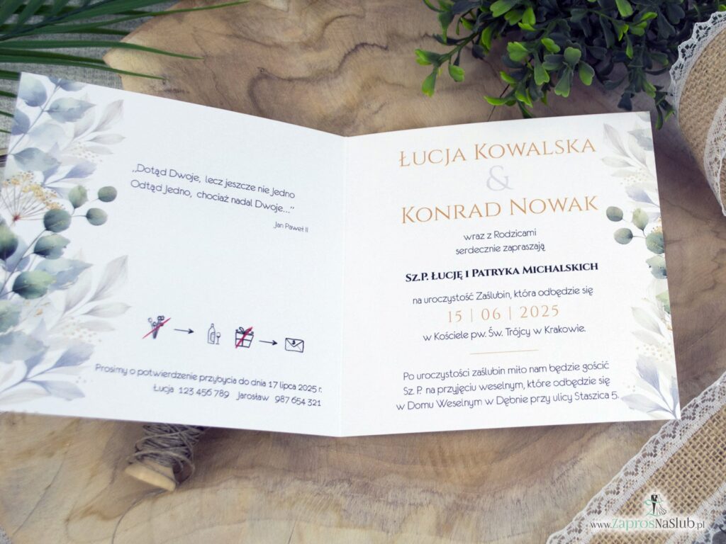 Zaproszenie ślubne z bukietem zielonych listków i złotych dodatków ZAP-180-3