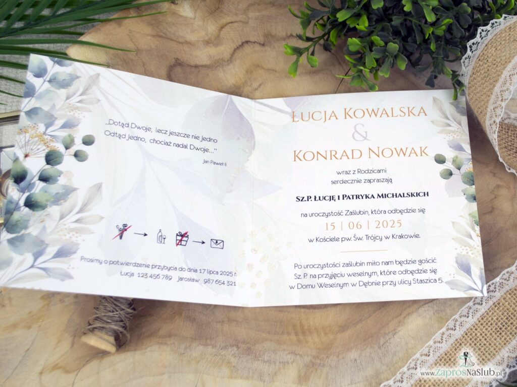 Zaproszenie ślubne z zielonymi listkami i złotymi akcentami ZAP-180-2