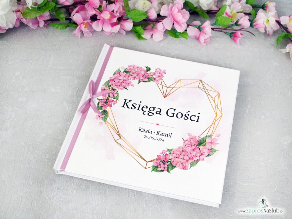 Księga gości różowe hortensje i złote serce geometryczne KSG-41-25