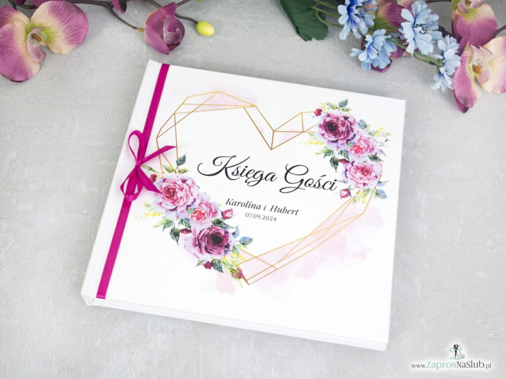 Księga gości z różowymi kwiatami i złotym sercem KSG-41-30