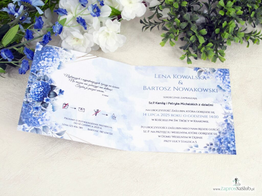 Zaproszenie ślubne z niebieskimi kwiatami hortensji i złotymi liniami ZAP-41-75