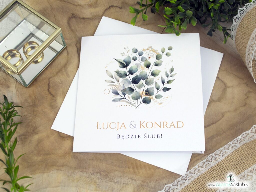 Zaproszenie ślubne z bukietem zielonych listków i złotych dodatków ZAP-180-3