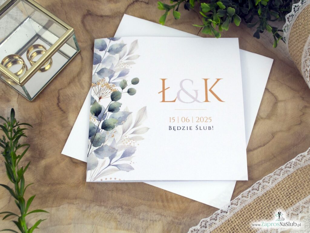 Zaproszenie ślubne z zielonymi listkami i złotymi akcentami ZAP-180-2