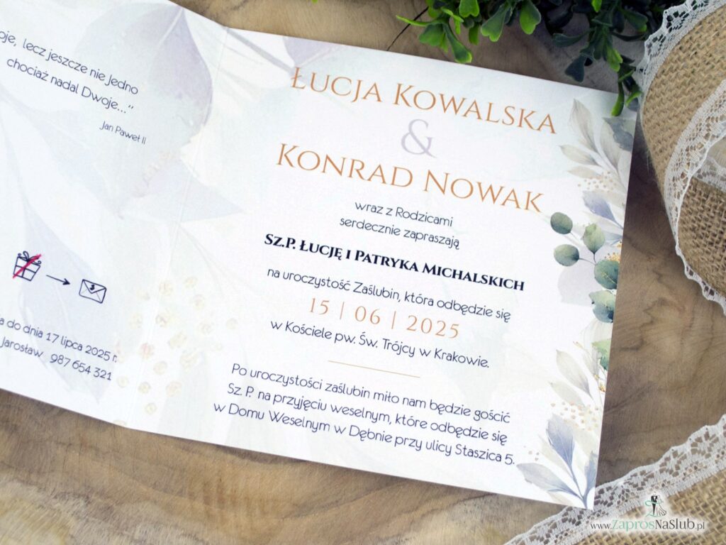 Zaproszenie ślubne z zielonymi listkami i złotymi akcentami ZAP-180-2