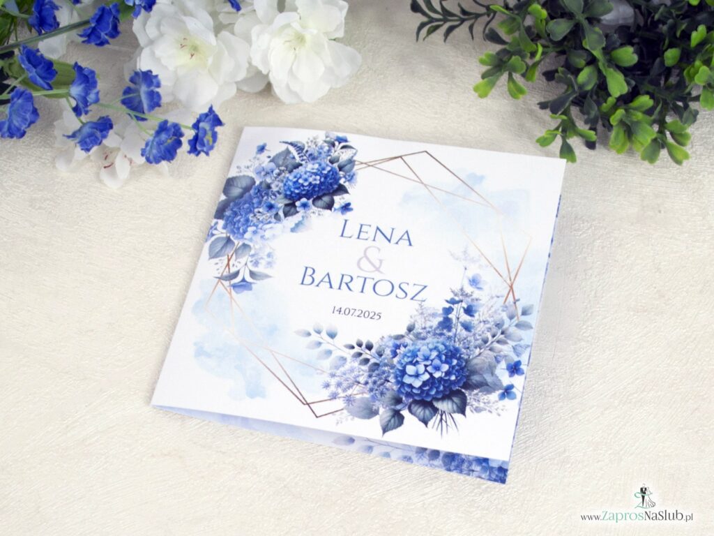 Zaproszenie ślubne z niebieskimi kwiatami hortensji i złotymi liniami ZAP-41-75