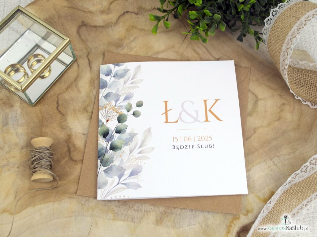 Zaproszenie ślubne z zielonymi listkami i złotymi akcentami ZAP-180-2