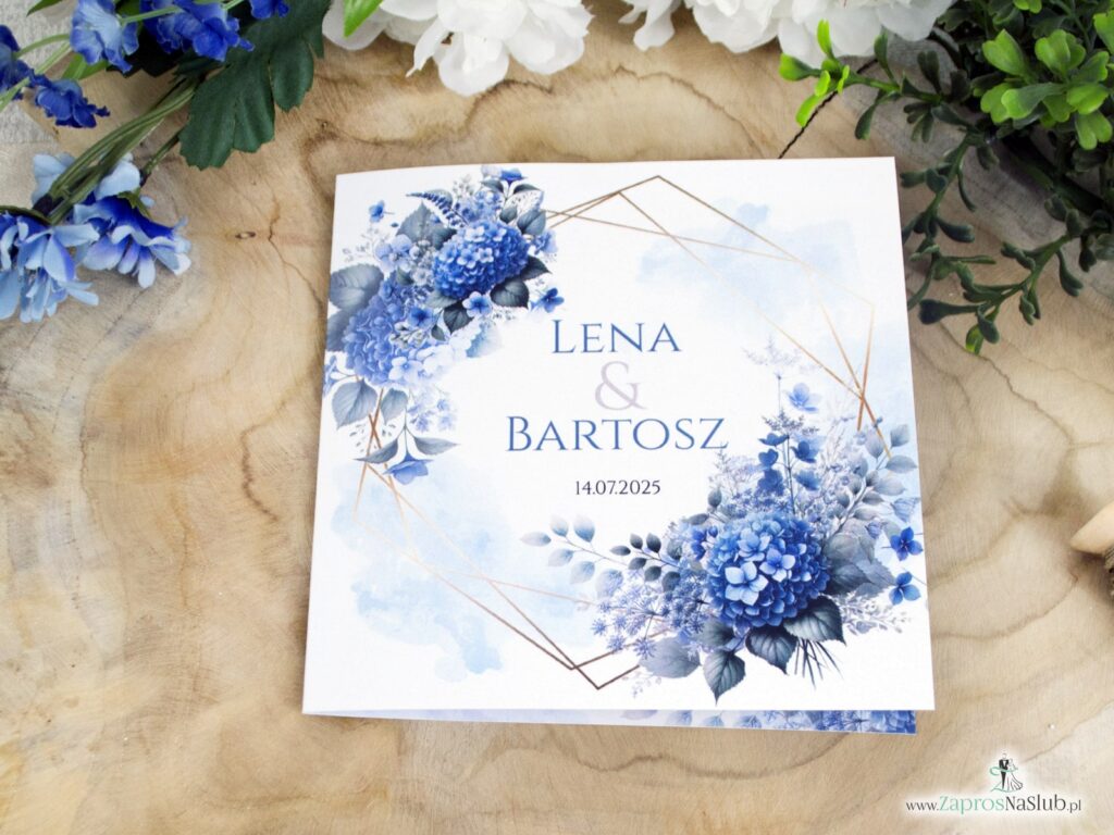 Zaproszenie ślubne z niebieskimi kwiatami hortensji i złotymi liniami ZAP-41-75