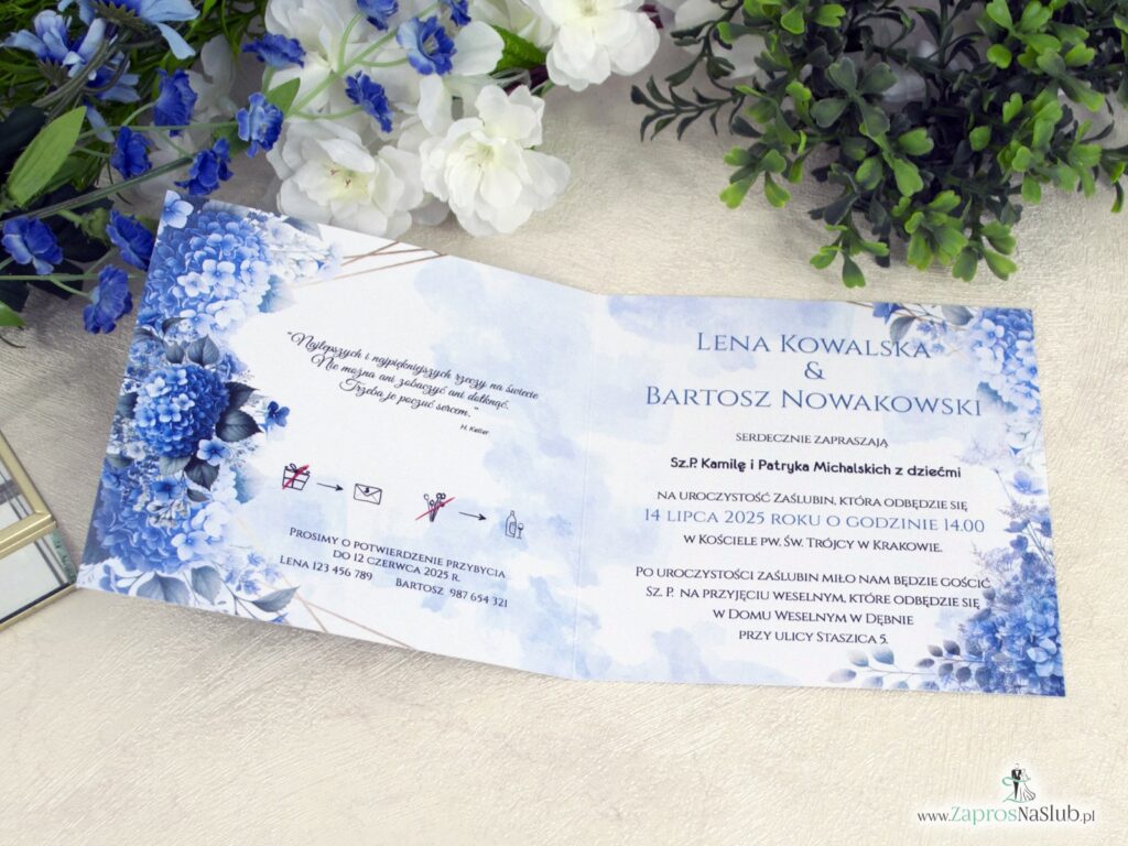 Zaproszenie ślubne z niebieskimi kwiatami hortensji i złotymi liniami ZAP-41-75