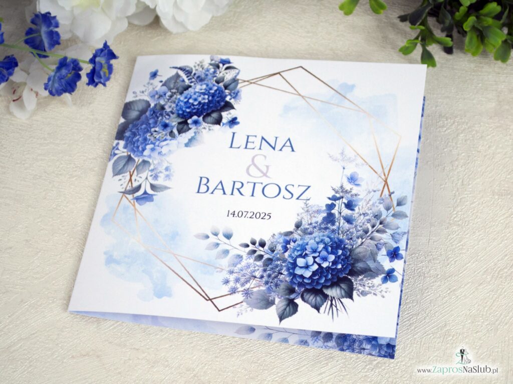 Zaproszenie ślubne z niebieskimi kwiatami hortensji i złotymi liniami ZAP-41-75
