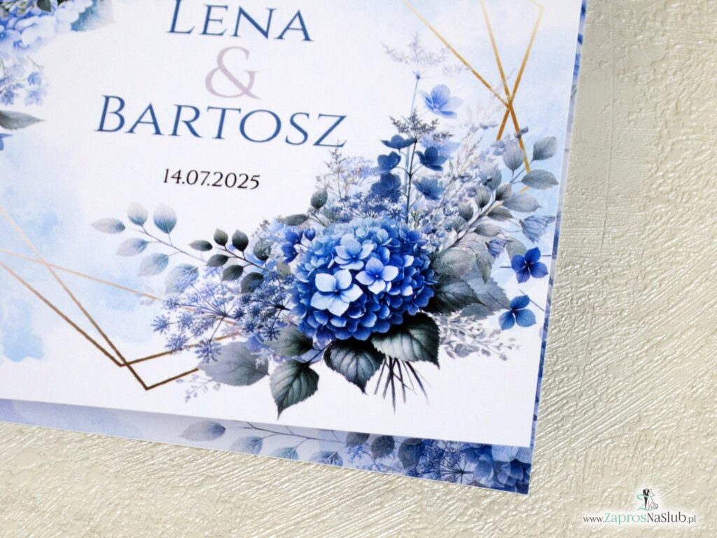Zaproszenie ślubne z niebieskimi kwiatami hortensji i złotymi liniami ZAP-41-75
