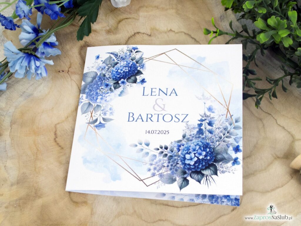 Zaproszenie ślubne z niebieskimi kwiatami hortensji i złotymi liniami ZAP-41-75