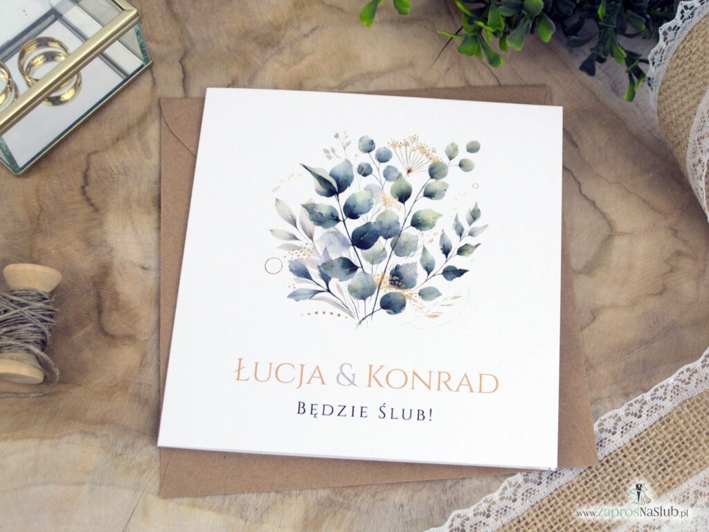 Zaproszenie ślubne z bukietem zielonych listków i złotych dodatków ZAP-180-3