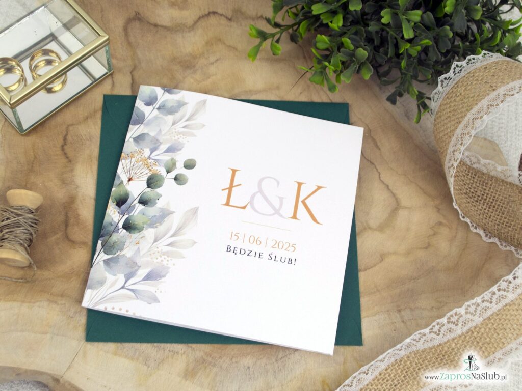 Zaproszenie ślubne z zielonymi listkami i złotymi akcentami ZAP-180-2