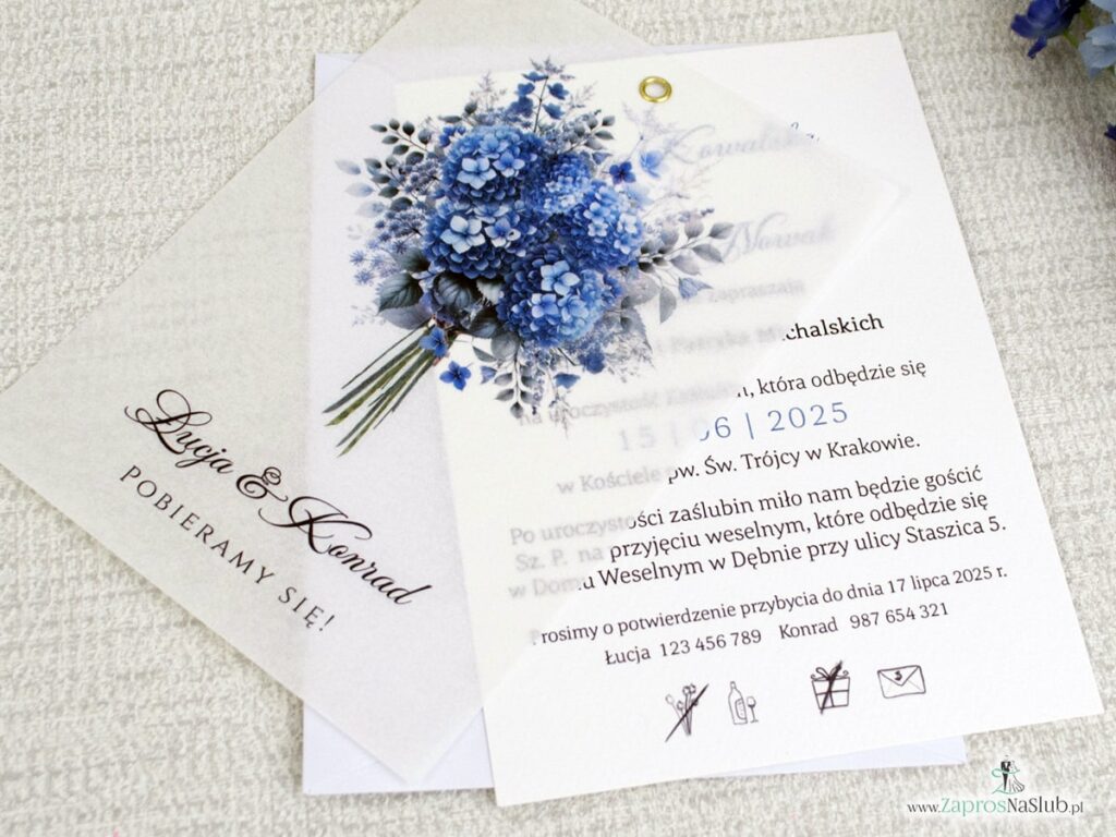 Zaproszenie ślubne z kalką spięte nitem, niebieskie kwiaty