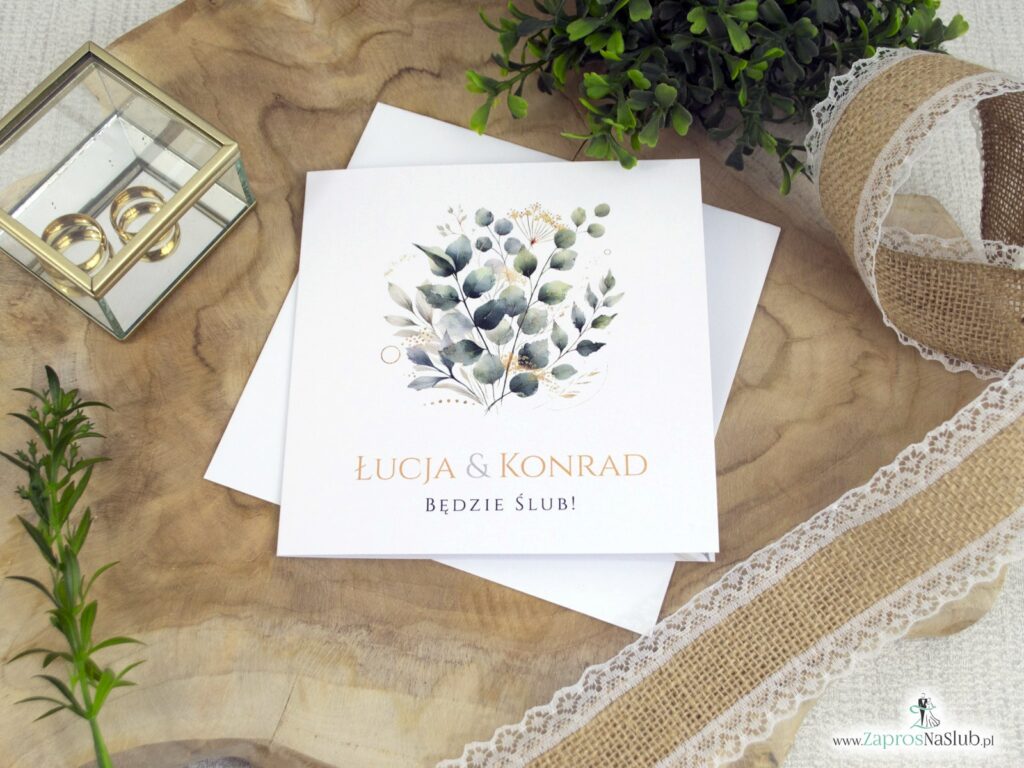 Zaproszenie ślubne z bukietem zielonych listków i złotych dodatków ZAP-180-3