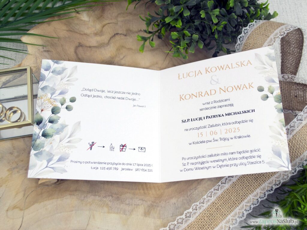 Zaproszenie ślubne z bukietem zielonych listków i złotych dodatków ZAP-180-3