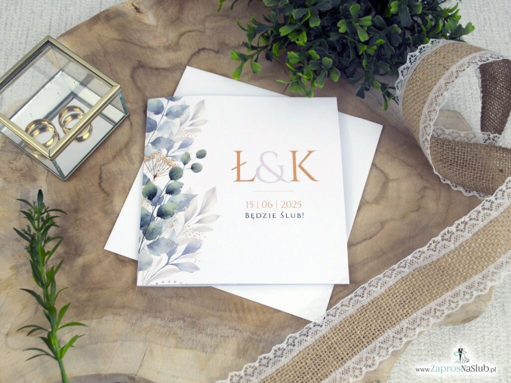 Zaproszenie ślubne z zielonymi listkami i złotymi akcentami ZAP-180-2