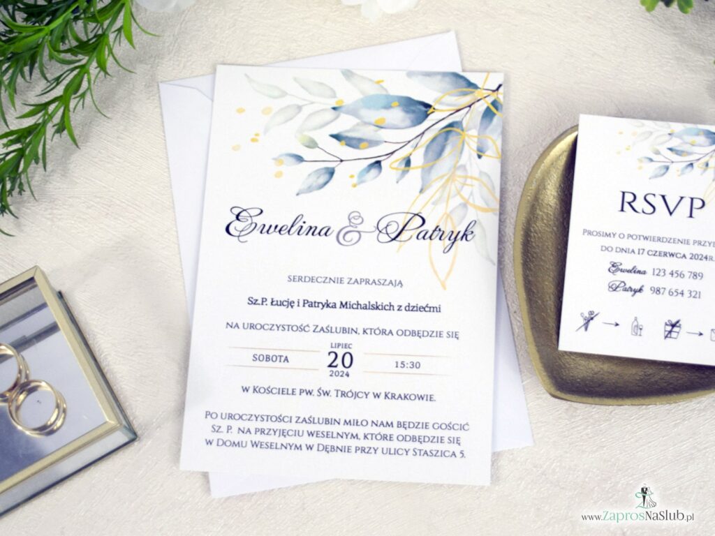 Zaproszenie ślubne z listkami i konturami dwuelementowe RSVP ZAP-155