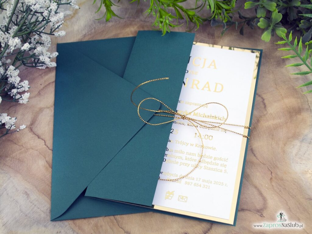 Zaproszenie ślubne zielone ze złotym wnętrzem ZAP-196-3