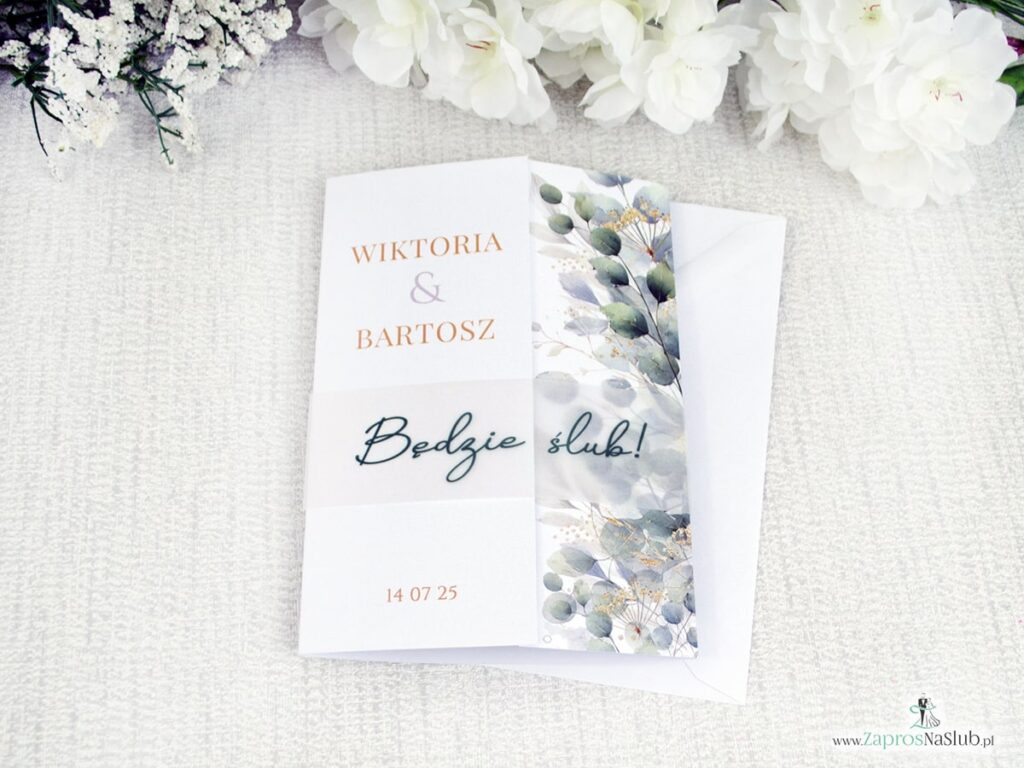Zaproszenie ślubne folderowe z listkami i opaską z kalki ZAP-180-5