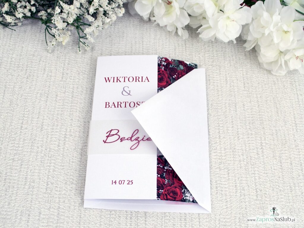 Zaproszenie ślubne folderowe z różami i opaską z kalki ZAP-41-09-3