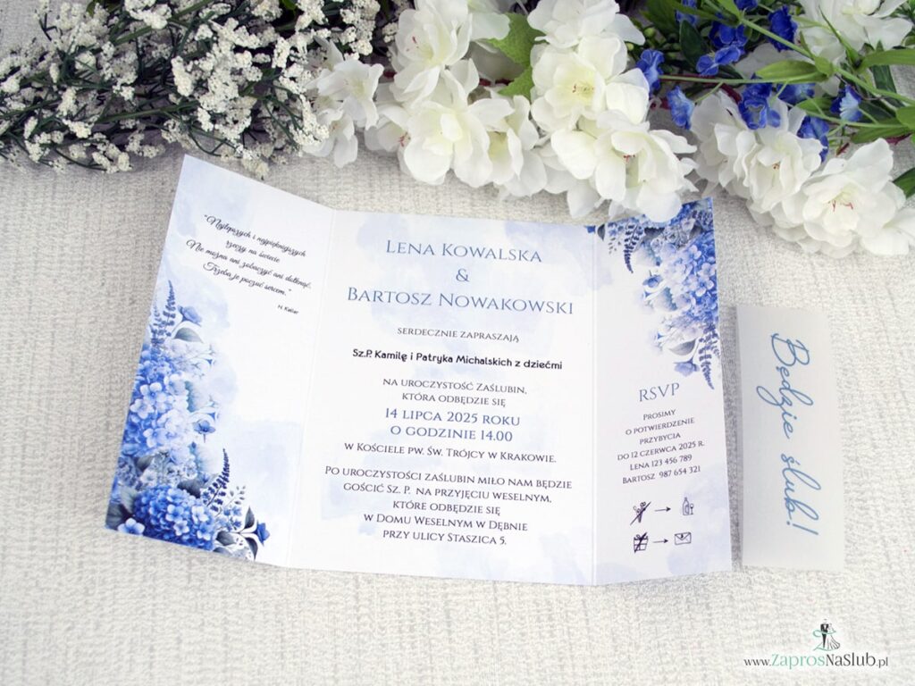 Zaproszenie ślubne folderowe z hortensją i opaską z kalki ZAP-41-75-2