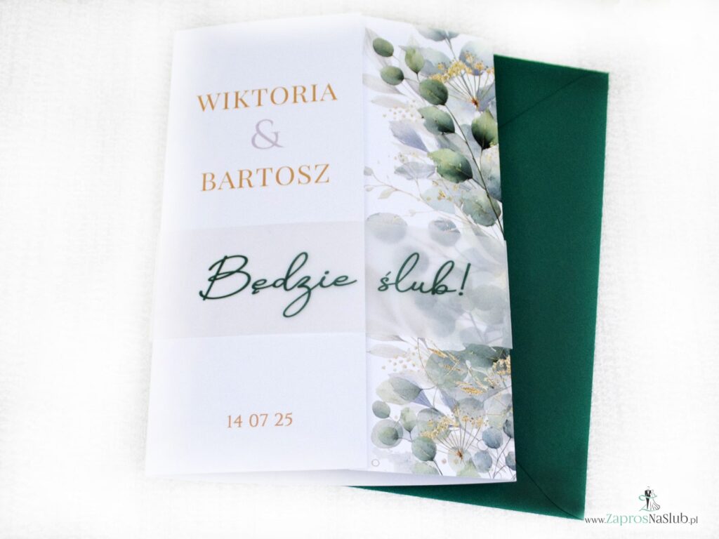 Zaproszenie ślubne folderowe z listkami i opaską z kalki ZAP-180-5