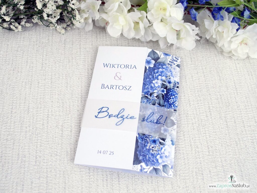 Zaproszenie ślubne folderowe z hortensją i opaską z kalki ZAP-41-75-2