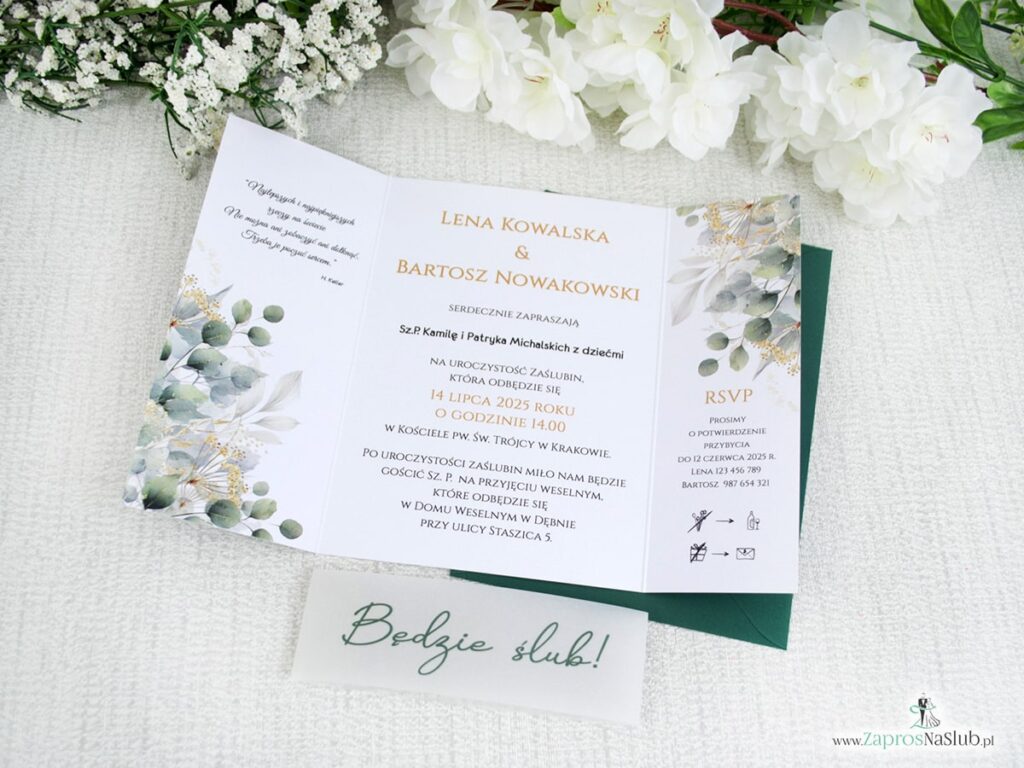 Zaproszenie ślubne folderowe z listkami i opaską z kalki ZAP-180-5