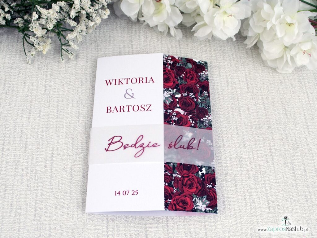 Zaproszenie ślubne folderowe z różami i opaską z kalki ZAP-41-09-3