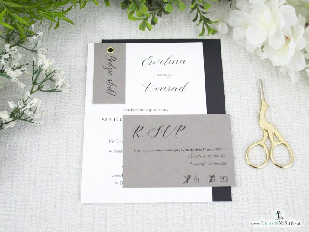 Zaproszenie ślubne nowoczesne z nitem i szarością ZAP-194