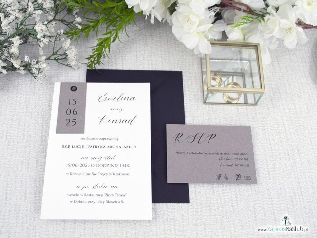 Zaproszenie ślubne nowoczesne z nitem i szarością ZAP-194