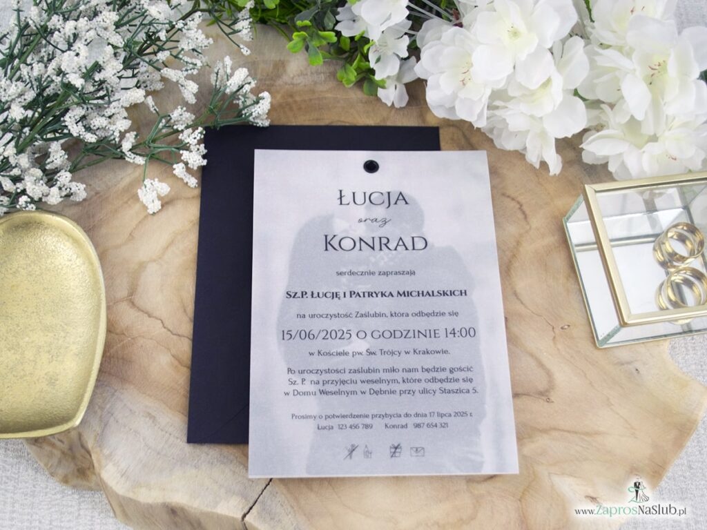 Zaproszenie ślubne ze zdjęciem i kalką spięte nitem ZAP-192