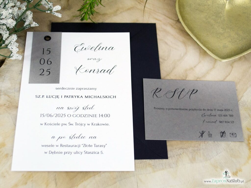 Zaproszenie ślubne nowoczesne z nitem i szarością ZAP-194