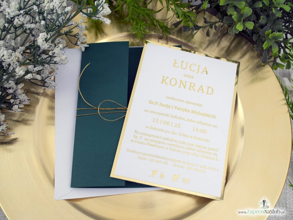 Zaproszenie ślubne zielone ze złotym wnętrzem ZAP-196-3
