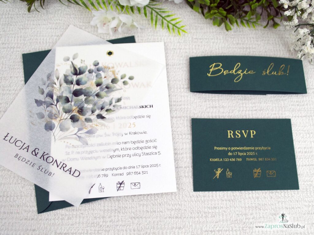 Zaproszenie ślubne na kalce spięte nitem, zielone listki ZAP-180-4